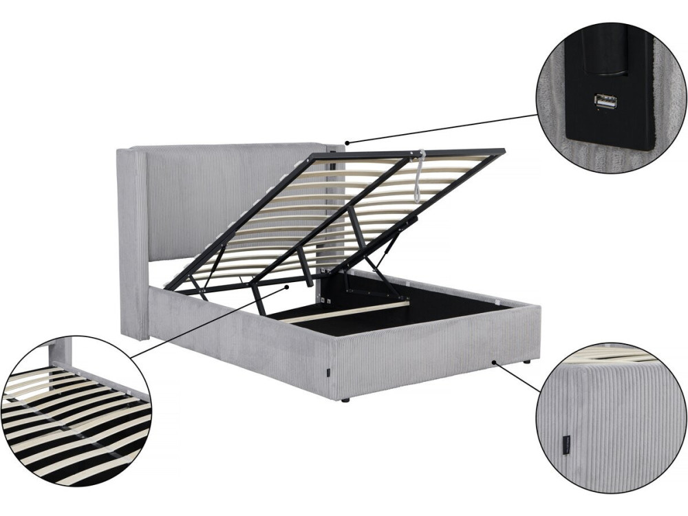 Tweepersoonsbed met opbergruimte en verlichting velours ribfluweel "Cortina" - 160 x 200 cm - Grijs