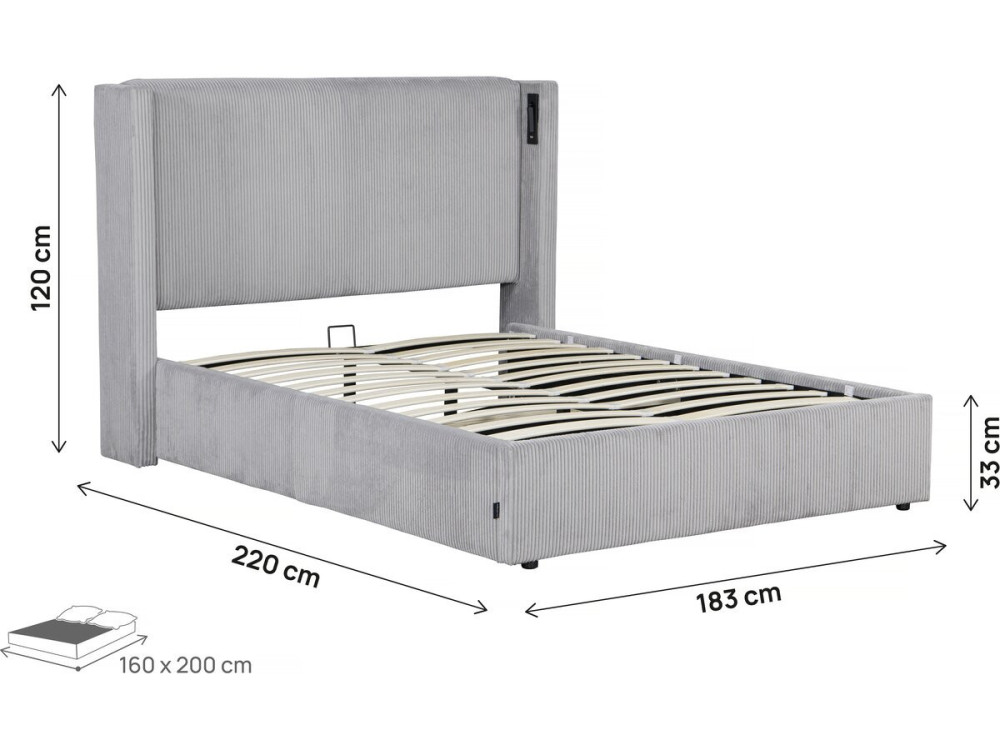 Tweepersoonsbed met opbergruimte en verlichting velours ribfluweel "Cortina" - 160 x 200 cm - Grijs