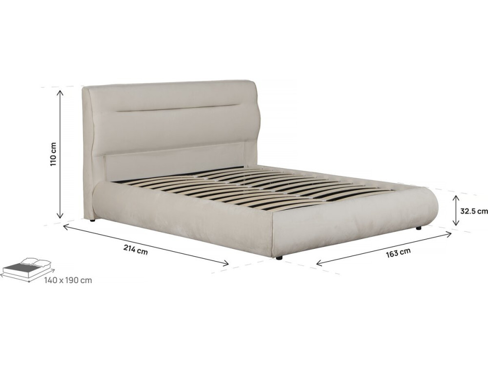Tweepersoonsbed met opbergruimte in fluweel "Chamonix" - 140 x 190 cm - Beige