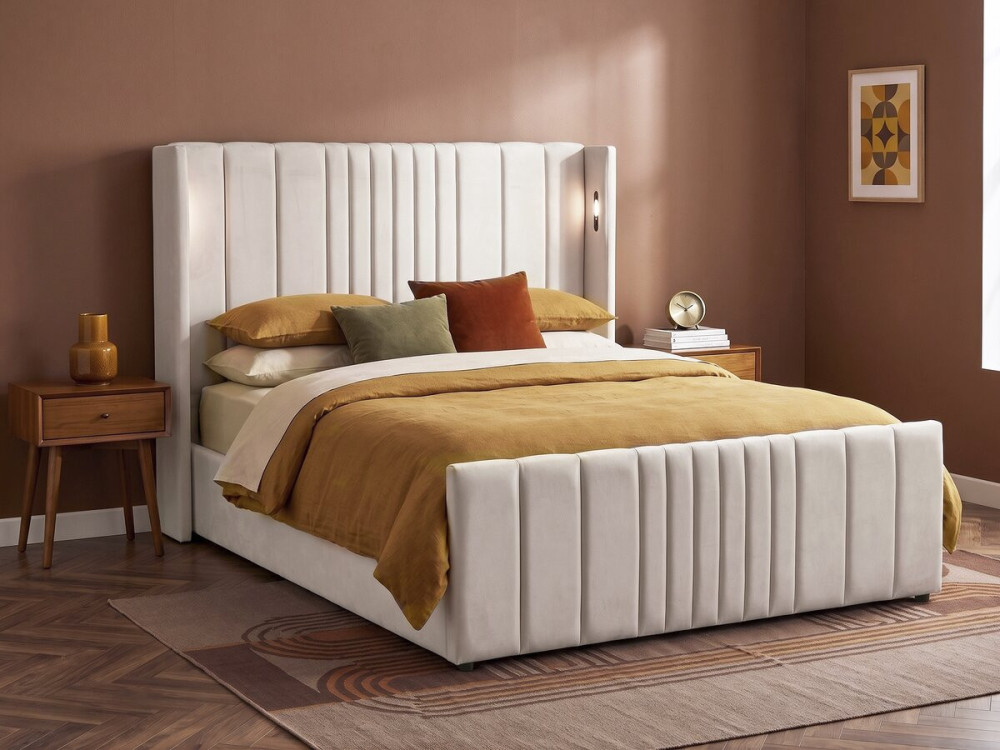 Tweepersoonsbed met ingebouwde opbergruimte van stof en lampen „Verbier“ - 160 x 200 cm - Beige