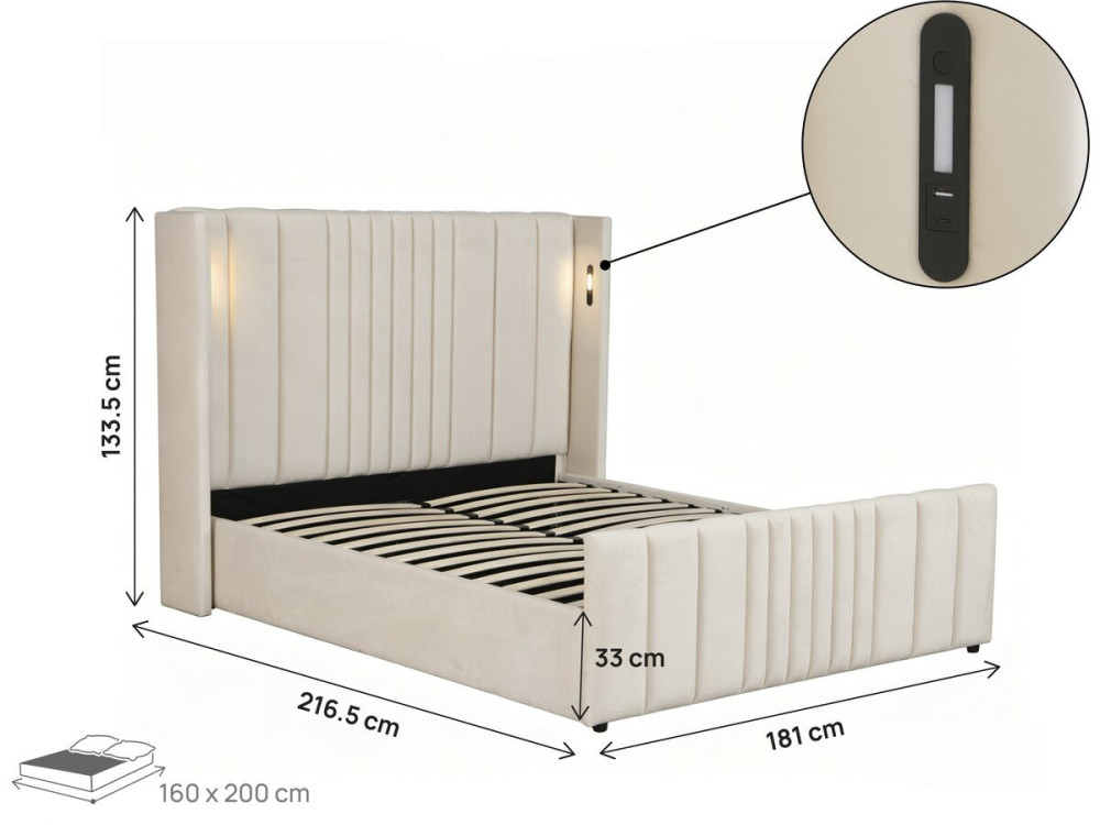 Tweepersoonsbed met ingebouwde opbergruimte van stof en lampen „Verbier“ - 160 x 200 cm - Beige