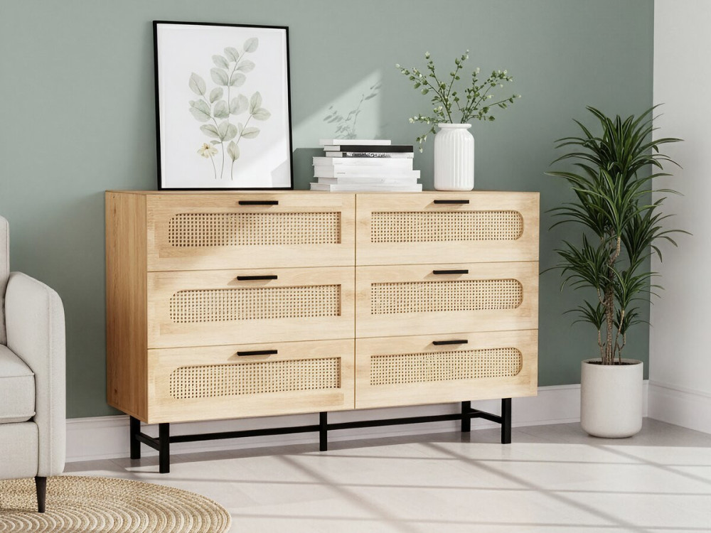 Harrison" ladekast van hout en riet - 120 x 40 x 75 cm - Beige