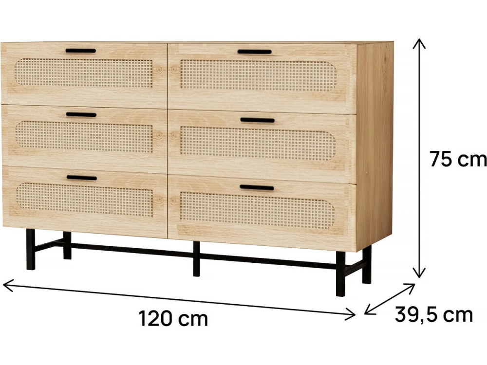 Harrison" ladekast van hout en riet - 120 x 40 x 75 cm - Beige