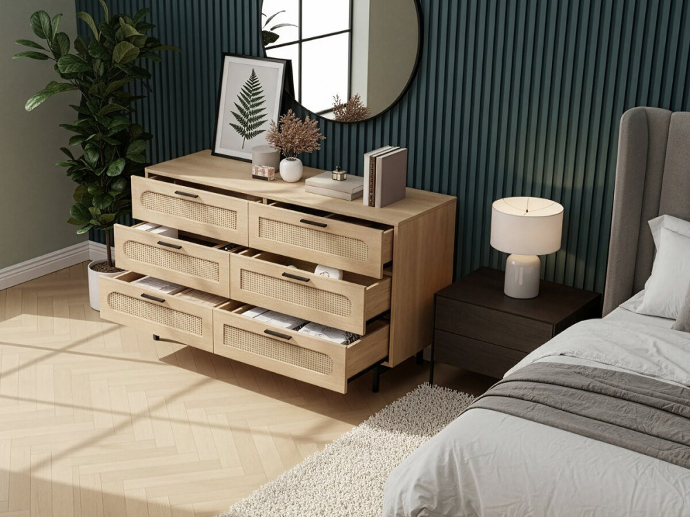 Harrison" ladekast van hout en riet - 120 x 40 x 75 cm - Beige
