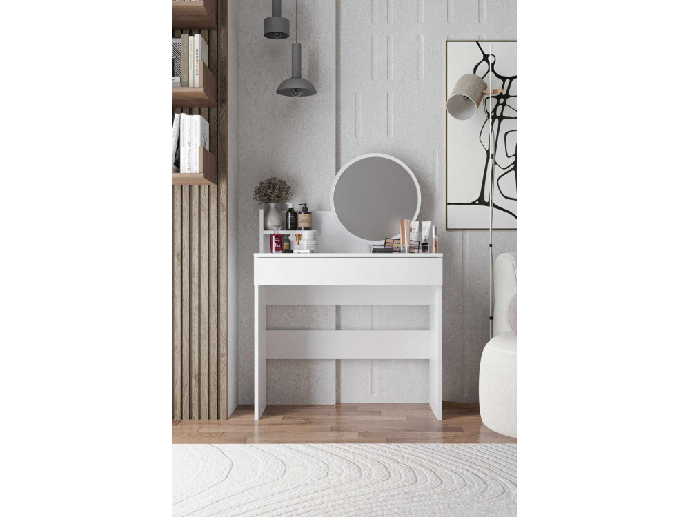 Harmony Mini Round" kaptafel met houten spiegel - 90 x 40 x 133 cm - Wit