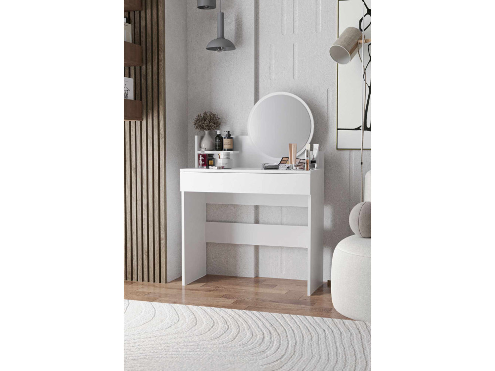 Harmony Mini Round" kaptafel met houten spiegel - 90 x 40 x 133 cm - Wit
