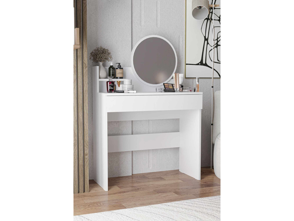 Harmony Mini Round" kaptafel met houten spiegel - 90 x 40 x 133 cm - Wit