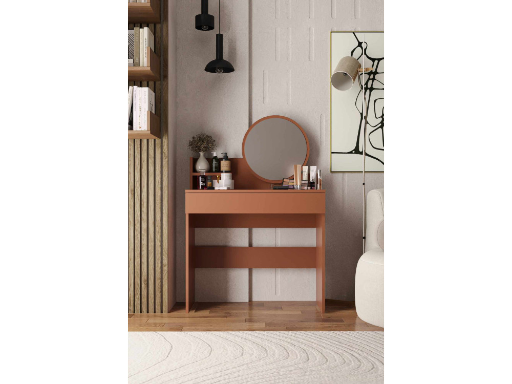 Harmony Mini Round" kaptafel met houten spiegel - 90 x 40 x 133 cm - Terracotta