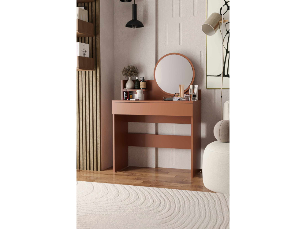 Harmony Mini Round" kaptafel met houten spiegel - 90 x 40 x 133 cm - Terracotta