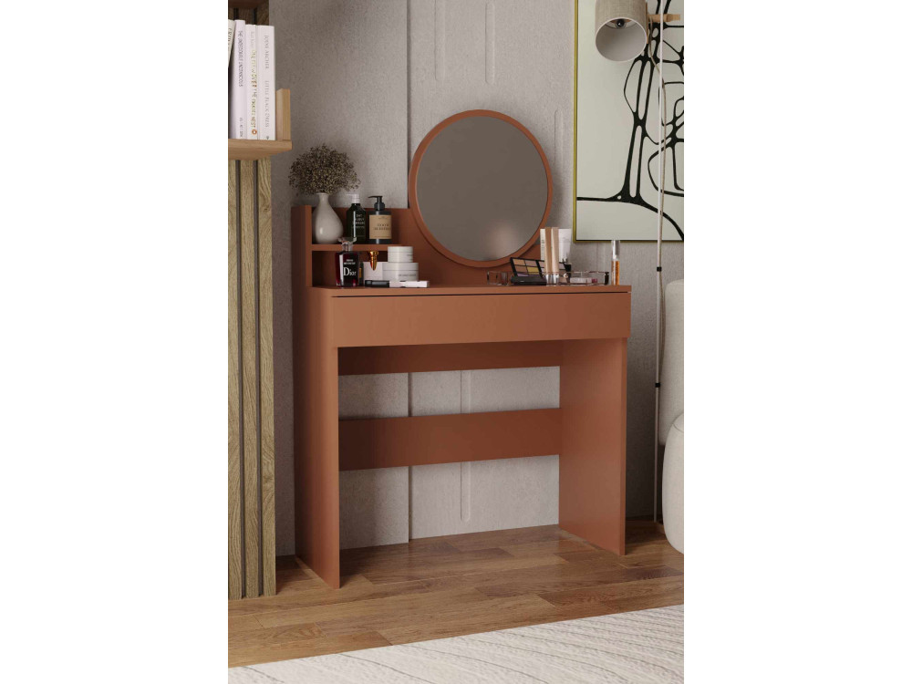 Harmony Mini Round" kaptafel met houten spiegel - 90 x 40 x 133 cm - Terracotta