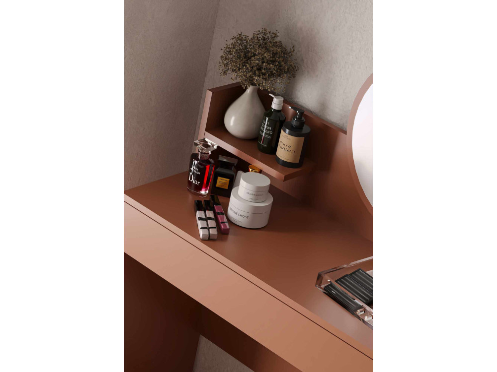Harmony Mini Round" kaptafel met houten spiegel - 90 x 40 x 133 cm - Terracotta