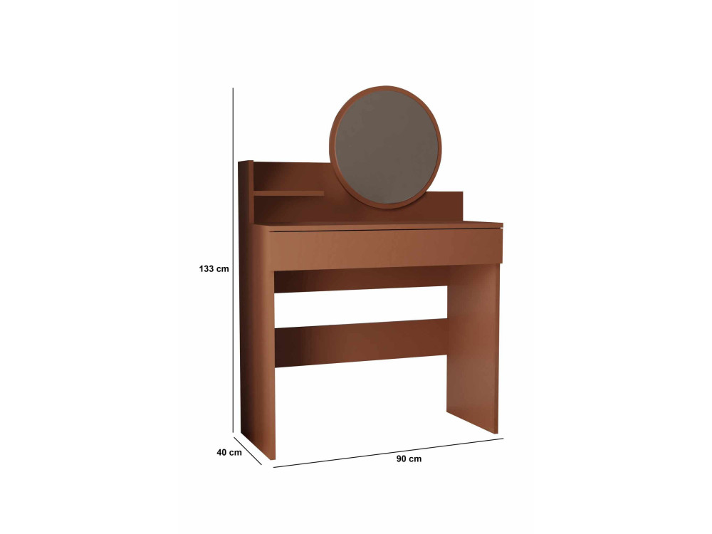 Harmony Mini Round" kaptafel met houten spiegel - 90 x 40 x 133 cm - Terracotta