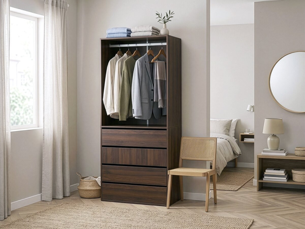 Kledingkast "Opéra" met 4 laden en 1 hangruimte - 80 x 45 x 180 cm - Bruin