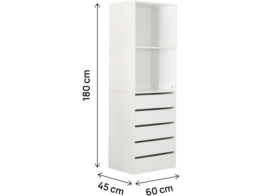 Kledingkast "Opéra" met 5 laden en 2 legplanken - 60 x 45 x 180 cm - Wit