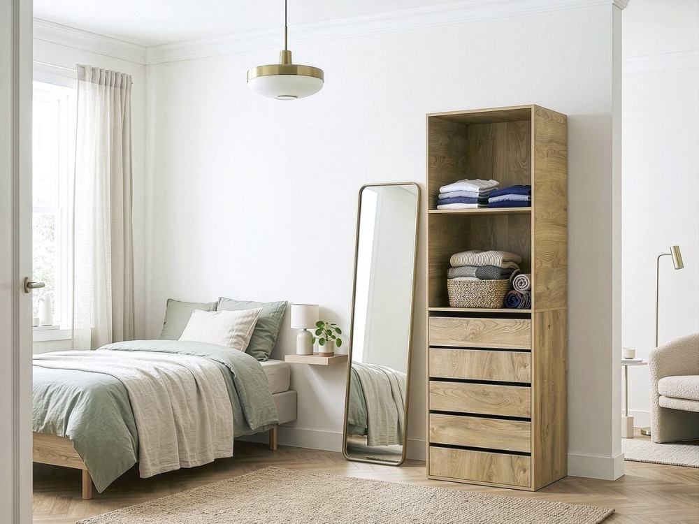 Kledingkast "Opéra" met 5 laden en 2 legplanken - 60 x 45 x 180 cm - Beige