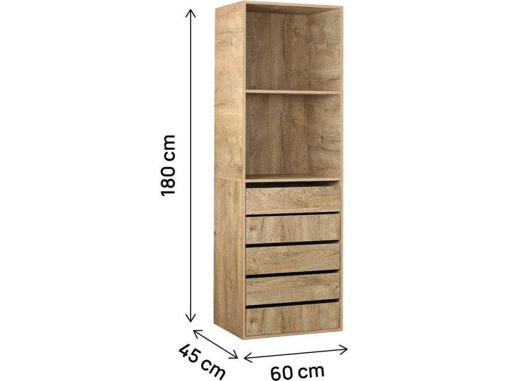 Kledingkast "Opéra" met 5 laden en 2 legplanken - 60 x 45 x 180 cm - Beige