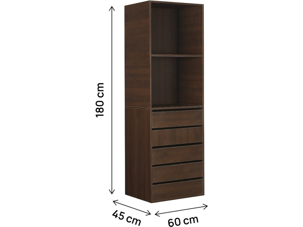 Kledingkast "Opéra" met 5 laden en 2 legplanken - 60 x 45 x 180 cm - Bruin