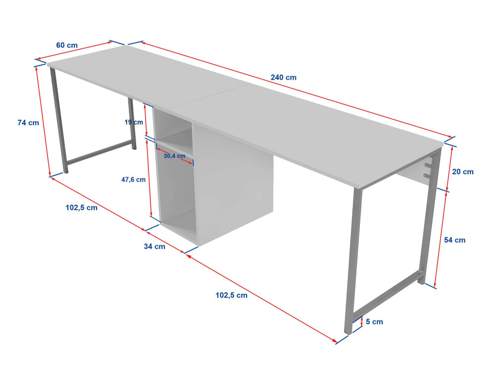 Twin Bureau - 240 x 60 x 74 cm - AntracietZwart
