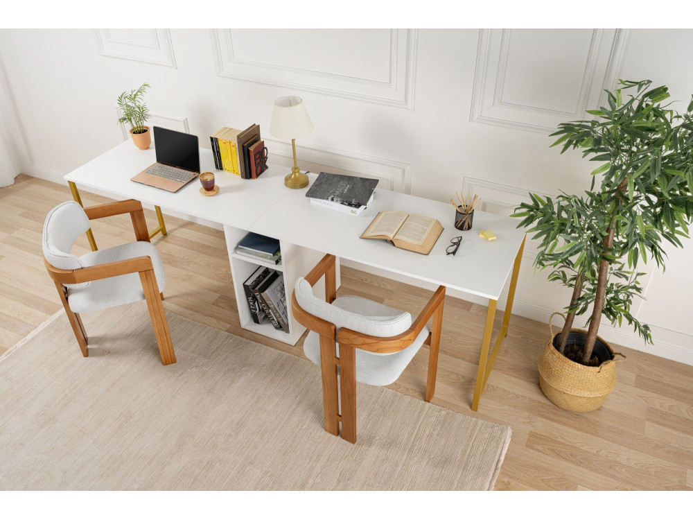 Bureau met twee stoelen - 240 x 60 x 74 cm - Witgoud