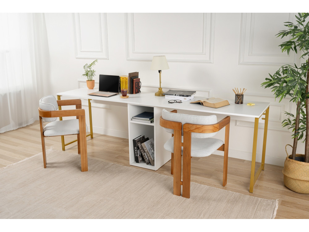 Bureau met twee stoelen - 240 x 60 x 74 cm - Witgoud