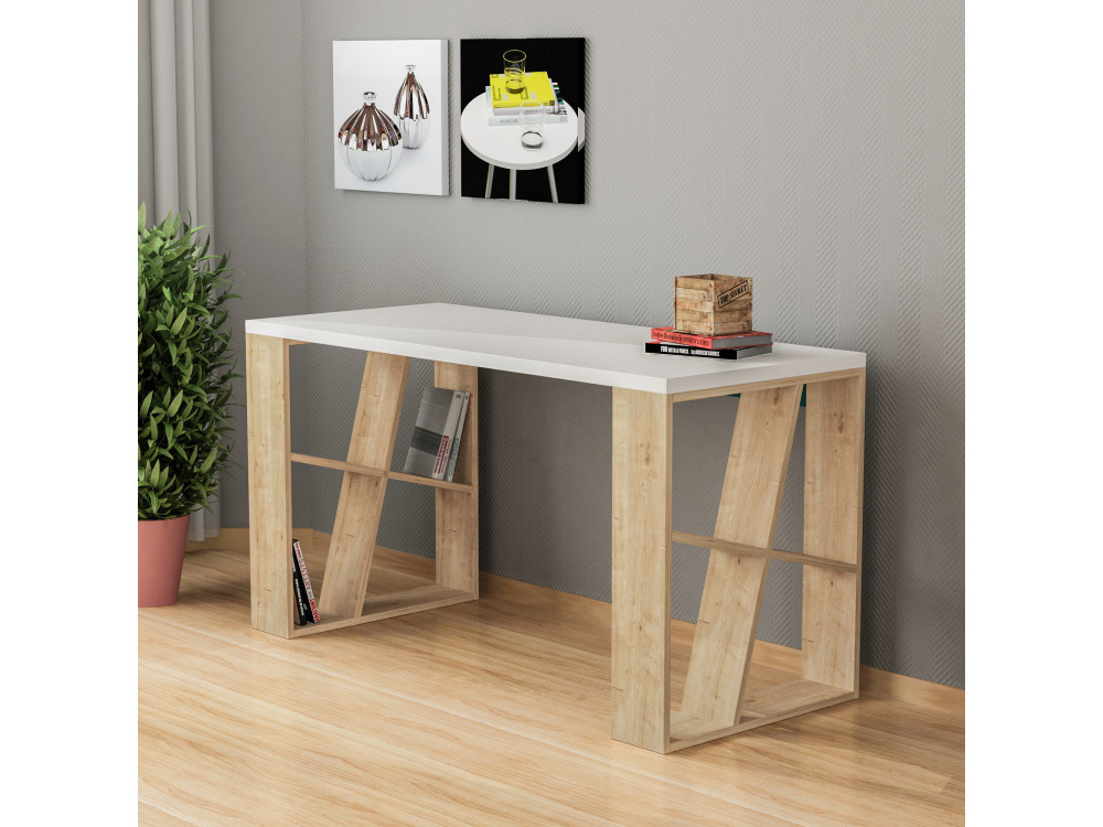 Honey" houten bureau - 140 x 60 x 75 cm - Wit eiken