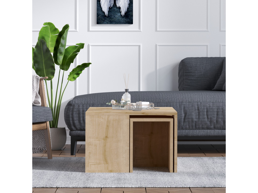 Set houten salontafels "Ortanca" - 60 x 60 x 37 cm - Saffier Eik