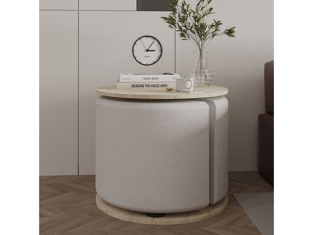 Bijzettafel "Vexana" met houten poef - 43 x 43 x 47 cm - Travertin