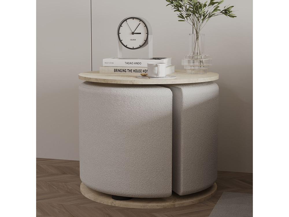 Bijzettafel "Vexana" met houten poef - 43 x 43 x 47 cm - Travertin