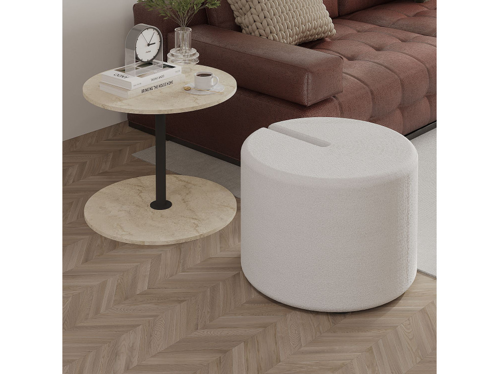 Bijzettafel "Vexana" met houten poef - 43 x 43 x 47 cm - Travertin