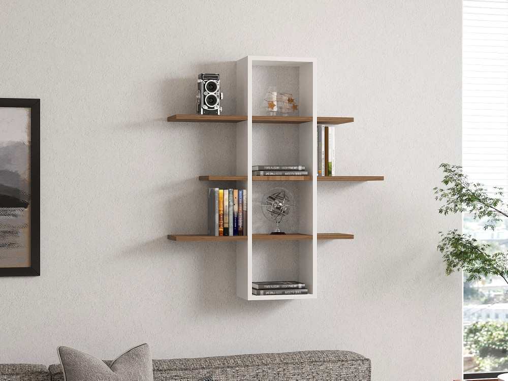 Houten wandplank "Ardo" - 96 x 19 x 101 cm - Noten, Wit