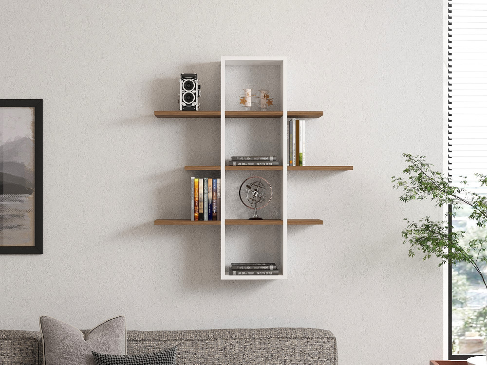Houten wandplank "Ardo" - 96 x 19 x 101 cm - Noten, Wit