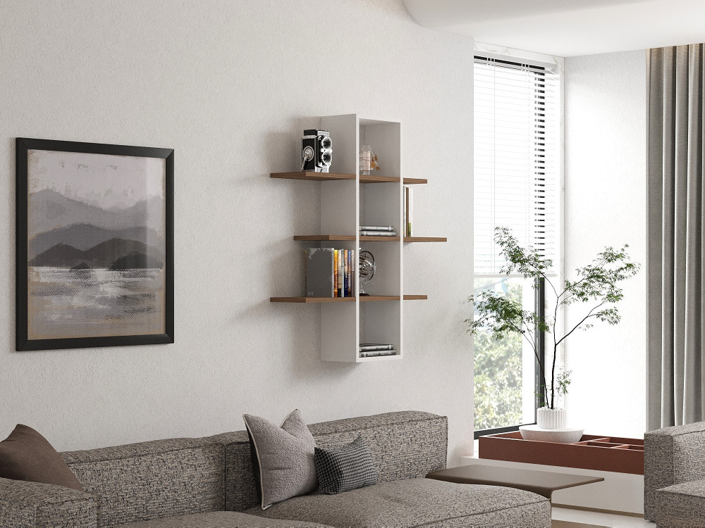 Houten wandplank "Ardo" - 96 x 19 x 101 cm - Noten, Wit