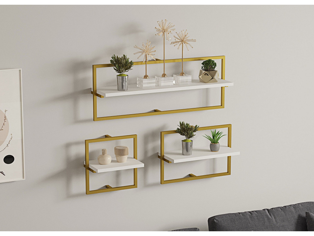 Houten wandplank "Yeso" - 80 x 20 x 30 cm - Wit, Goud