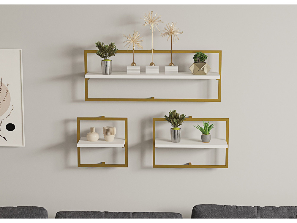 Houten wandplank "Yeso" - 80 x 20 x 30 cm - Wit, Goud