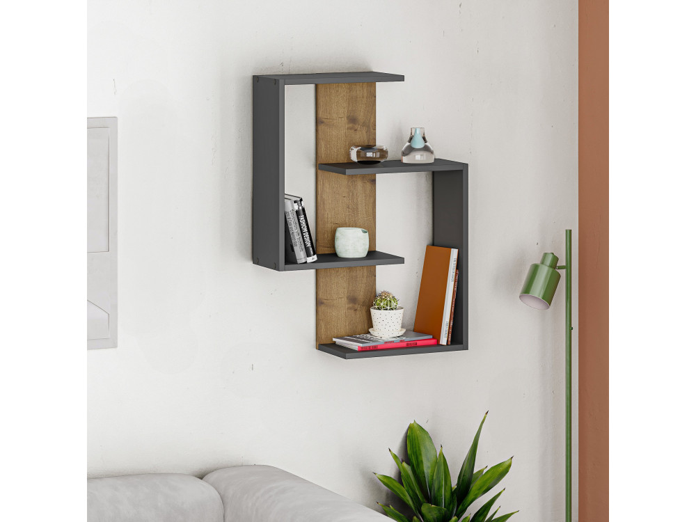 Houten wandplank "Paranoid" - 64 x 22 x 85 cm - Antraciet-Eiken