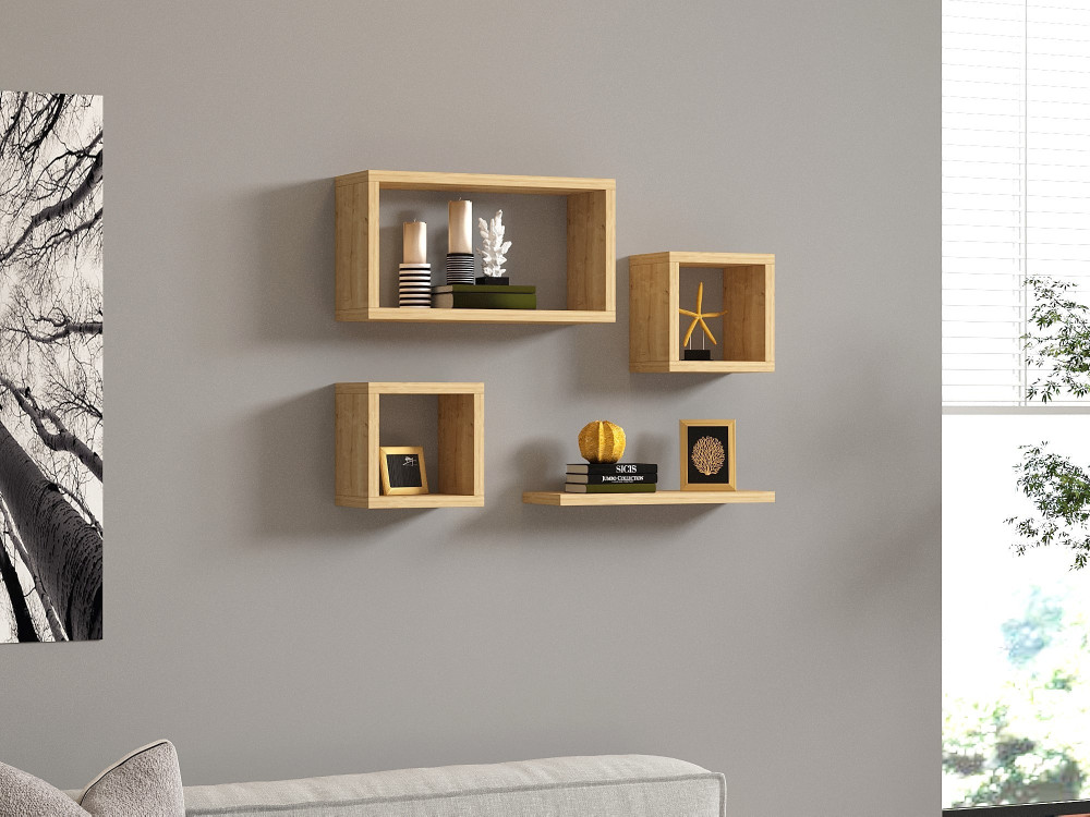 Set van 4 "Babi" houten wandplanken - 43 x 15 x 23 cm - Beige