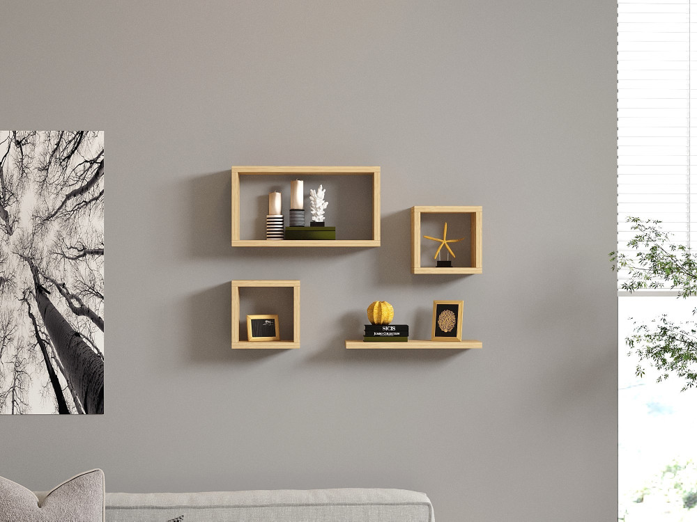Set van 4 "Babi" houten wandplanken - 43 x 15 x 23 cm - Beige