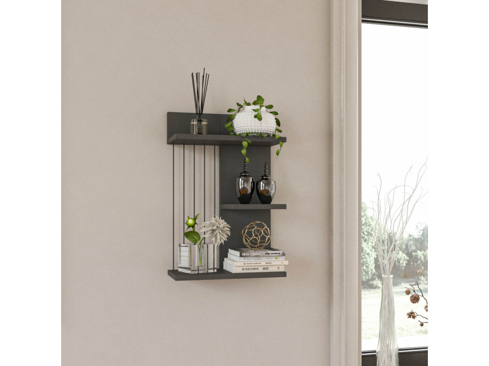 Kinik" houten wandplank - 40 x 19 x 60 cm - Antracietgrijs