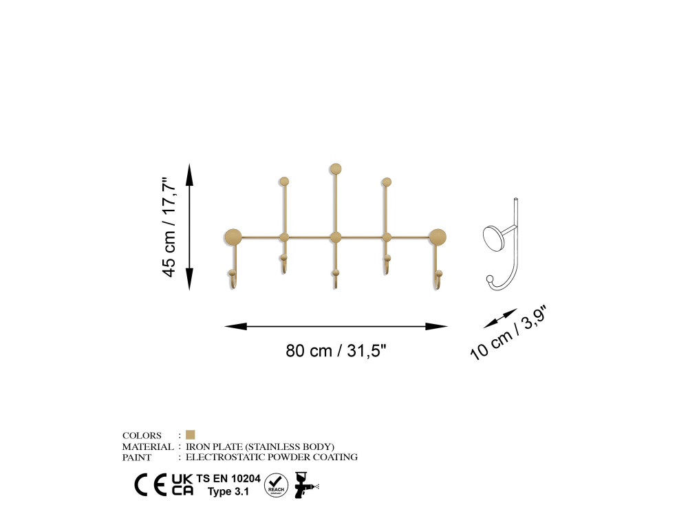 Metalen wandhaak "iyon-A" - 80 x 10 x 45 cm - Goud