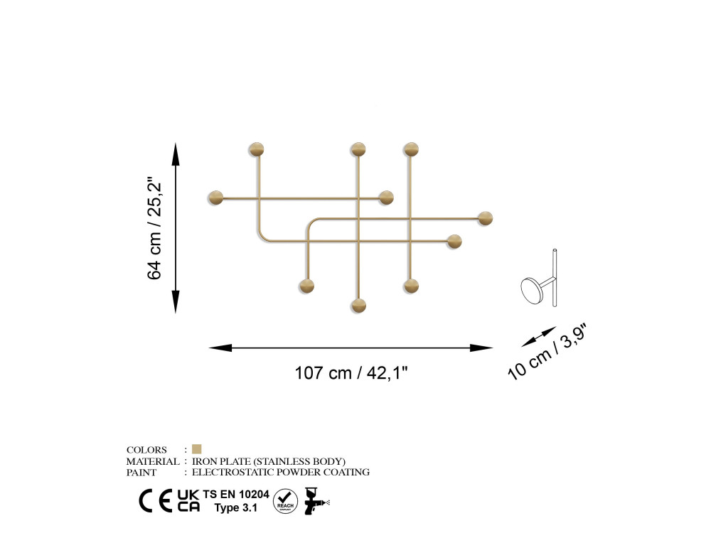 Metalen wandhaak "Samara" - 107 x 10 x 64 cm - Goud
