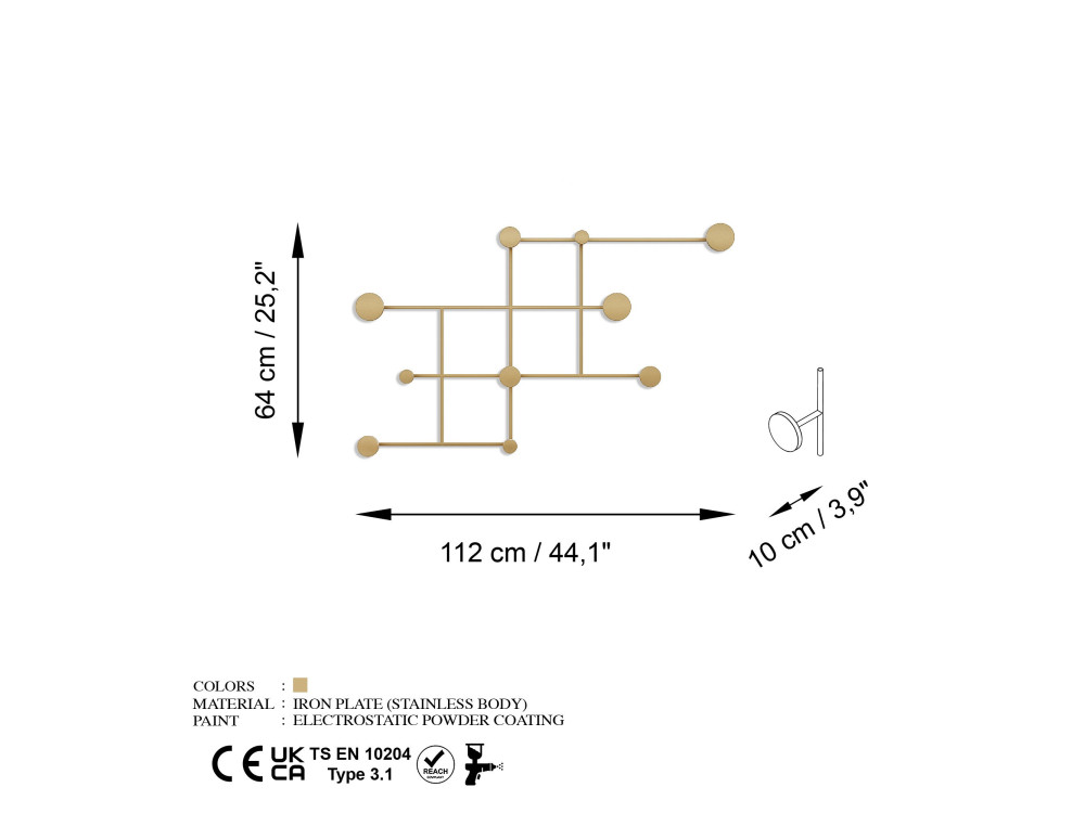 Metalen wandhaak "Fatara" - 112 x 10 x 64 cm - Goud