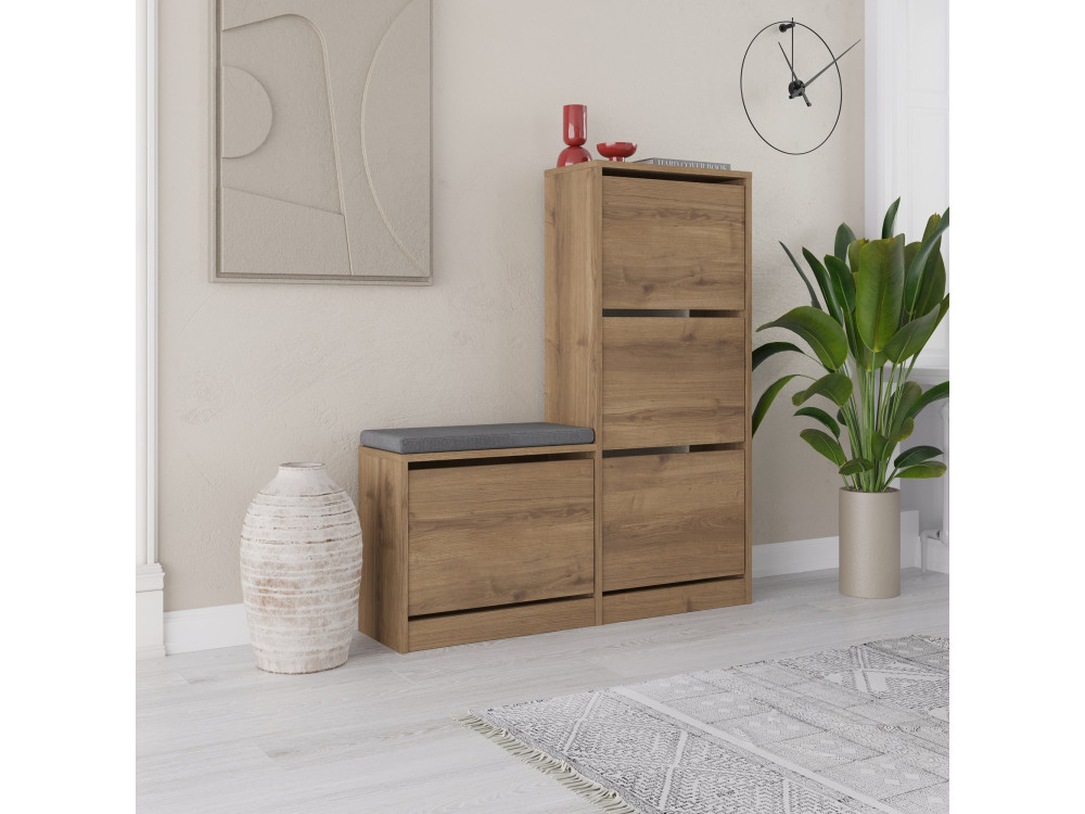 Schoenenkast "Dude" met houten zitting - 105 x 26 x 118 cm - Bruin