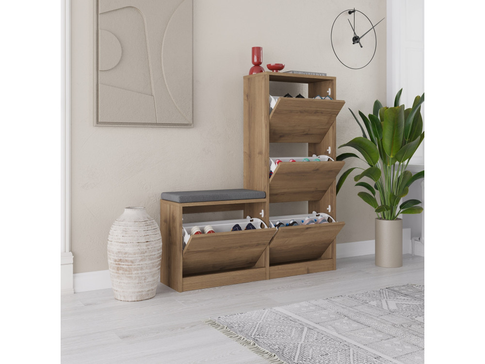 Schoenenkast "Dude" met houten zitting - 105 x 26 x 118 cm - Bruin