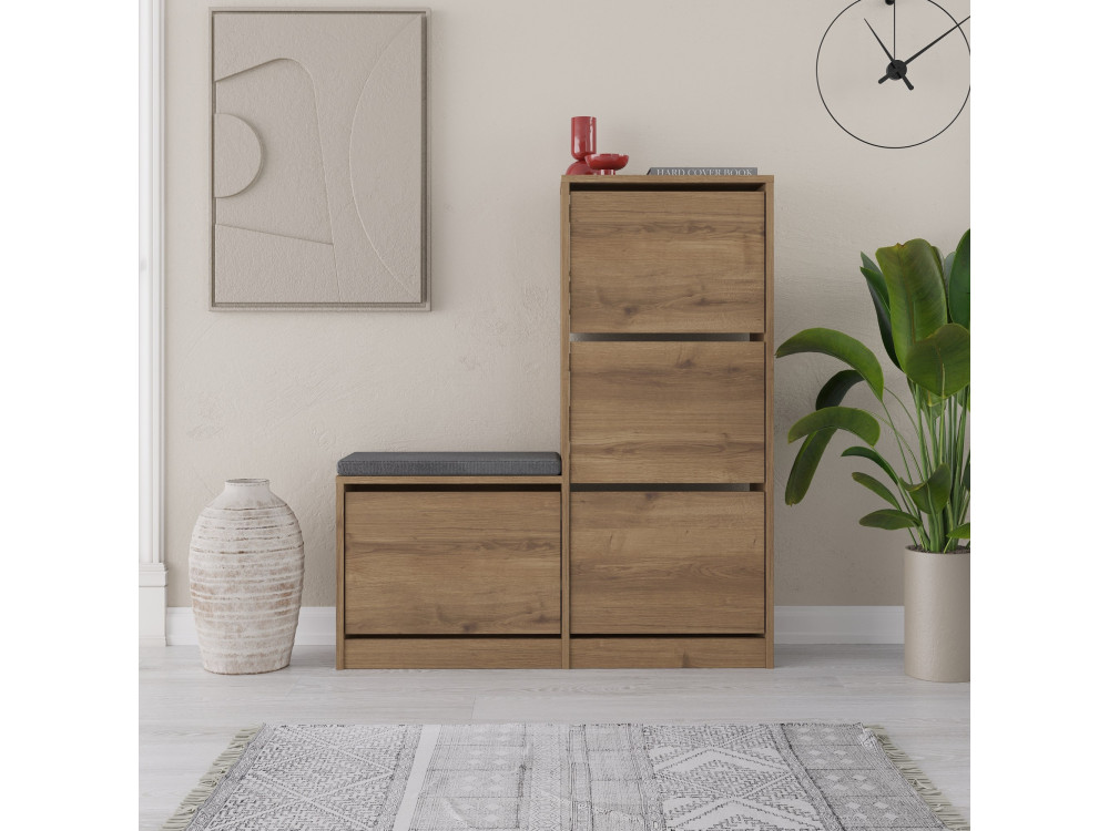 Schoenenkast "Dude" met houten zitting - 105 x 26 x 118 cm - Bruin