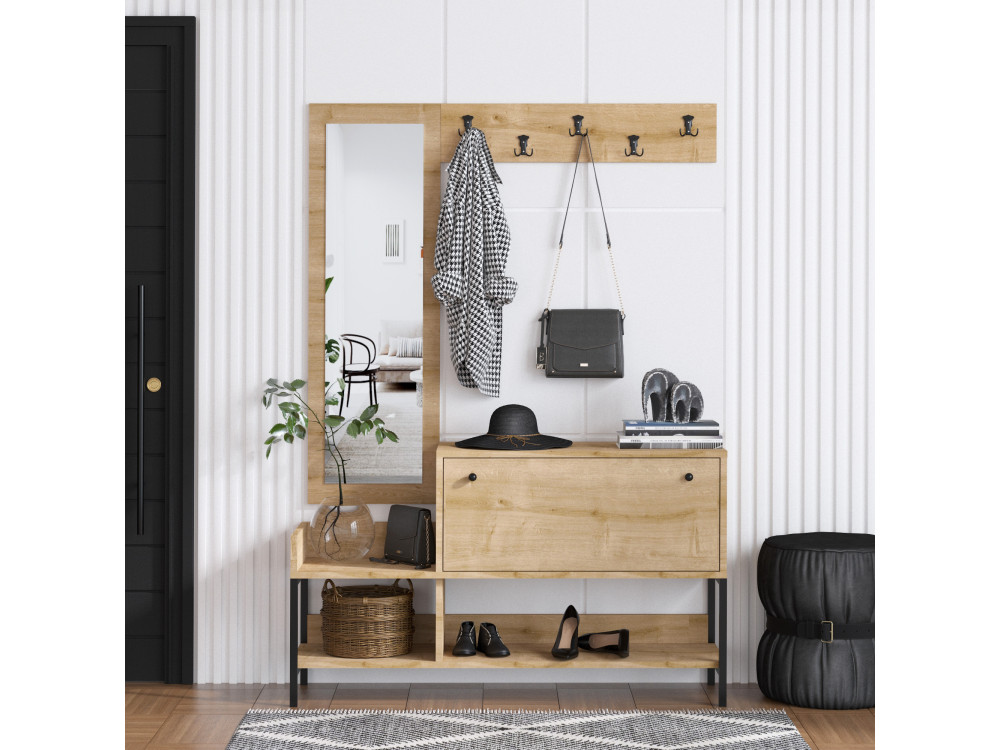 Houten schoenenkast "Nonso" met spiegel - 120 x 35 x 70 cm - Beige