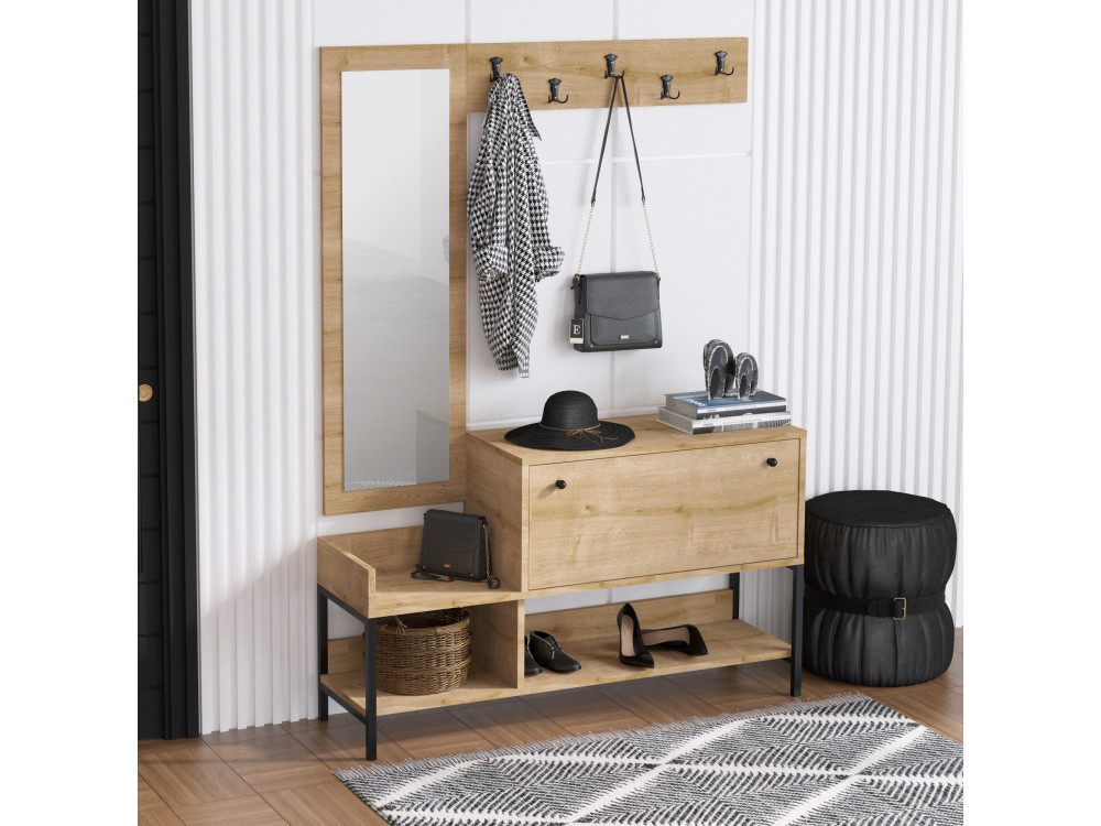 Houten schoenenkast "Nonso" met spiegel - 120 x 35 x 70 cm - Beige