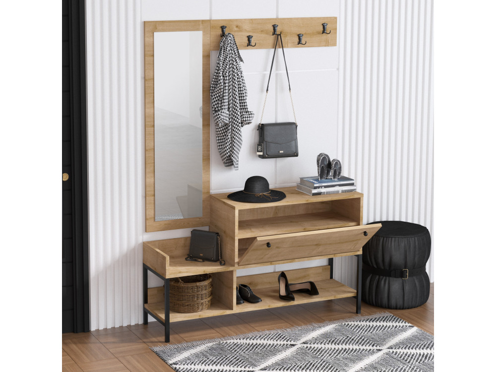 Houten schoenenkast "Nonso" met spiegel - 120 x 35 x 70 cm - Beige