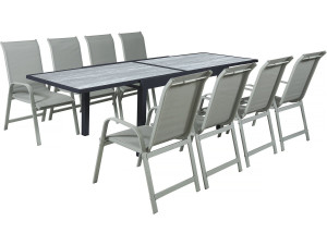 Tuinset tuintafel uitschuifbaar tafel outdoor aluminium "Lagos" - 140/280 x 90 x 76 cm - 8 zits - Grijs lichtgrijs