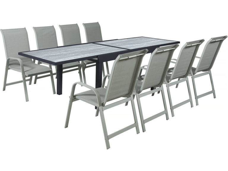 Tuinset tuintafel uitschuifbaar tafel outdoor aluminium "Lagos" - 140/280 x 90 x 76 cm - 8 zits - Grijs lichtgrijs