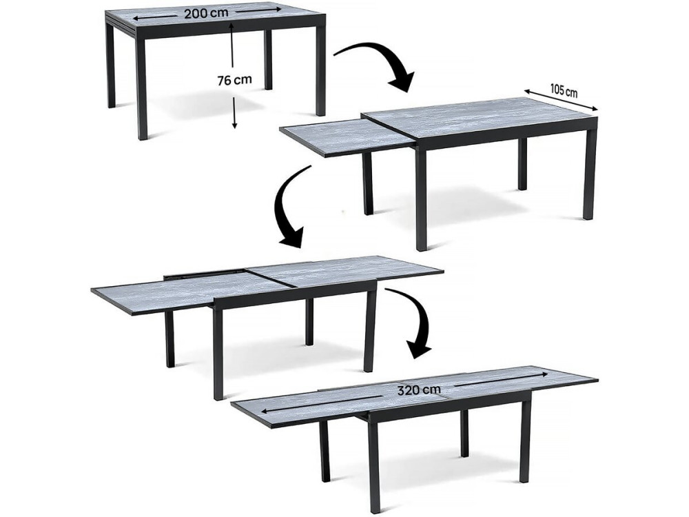 Tuinset tuintafel uitschuifbaar tafel outdoor aluminium "Lagos" - Tuintafel uitschuifbaar 200/320 x 105 x 76 cm - 10 tuinstoelen - Zwart